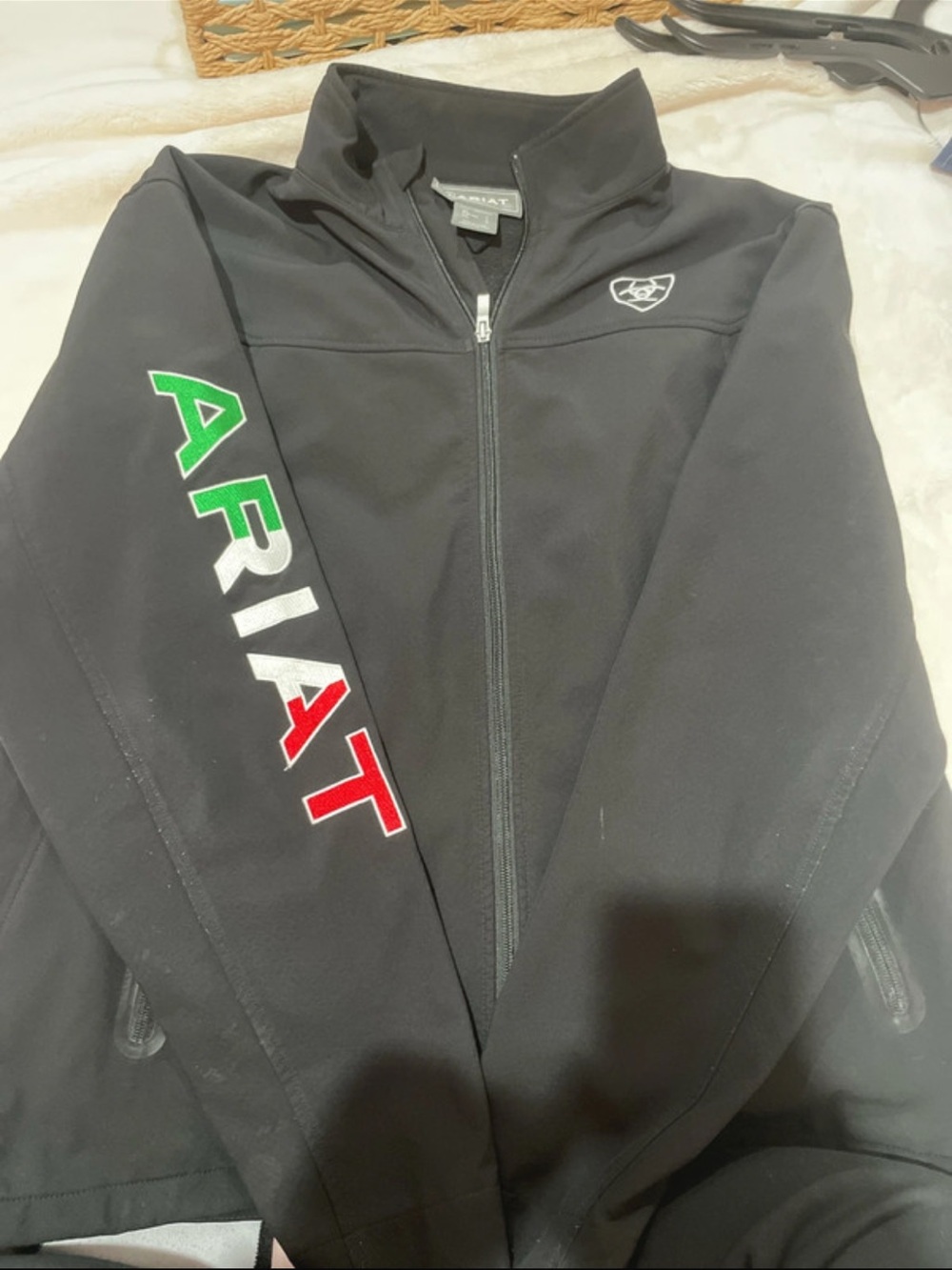 Ariat Black Lightweight Full-Zip Jacket with Red, White & Green Sleeve Logo
